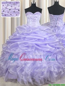 Edgy Lavender Lace Up Sweetheart Beading and Ruffles and Pick Ups Vestidos de Quinceanera Organza Sleeveless