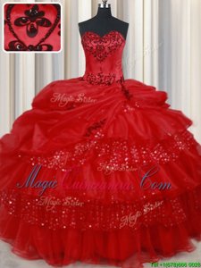 On Sale Red Sweetheart Neckline Embroidery and Ruffled Layers and Sequins and Pick Ups Ball Gown Prom Dress Sleeveless Lace Up