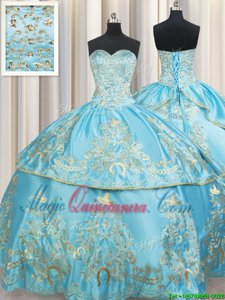 Colorful Sleeveless Floor Length Beading and Embroidery Lace Up 15th Birthday Dress with Aqua Blue