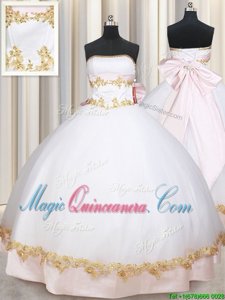 Gorgeous Sleeveless Satin Floor Length Lace Up Quinceanera Gown in White for with Beading and Appliques and Bowknot
