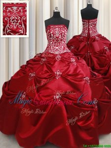 Affordable Wine Red Strapless Neckline Beading and Pick Ups Quinceanera Dresses Sleeveless Lace Up