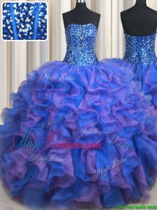 Fantastic Blue and Purple Lace Up Quinceanera Dresses Beading and Ruffles Sleeveless Floor Length