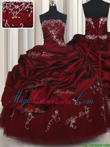 High End Wine Red Strapless Neckline Beading and Pick Ups 15th Birthday Dress Sleeveless Lace Up