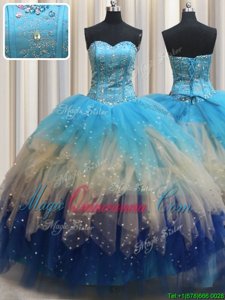 Glamorous Multi-color Ball Gowns Sweetheart Sleeveless Tulle Floor Length Lace Up Beading and Ruffles Quinceanera Dresses