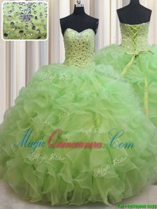 Inexpensive Yellow Green Organza Lace Up Sweet 16 Quinceanera Dress Sleeveless Floor Length Beading and Ruffles