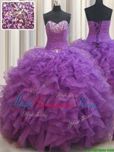 Eggplant Purple Sleeveless Floor Length Beading and Ruffles Lace Up Sweet 16 Dress
