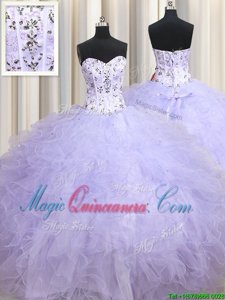 Exceptional Lavender Ball Gowns Sweetheart Sleeveless Tulle Floor Length Lace Up Beading and Ruffles Vestidos de Quinceanera