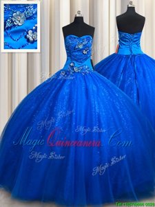 Best Selling Royal Blue Sleeveless Beading and Appliques Floor Length Ball Gown Prom Dress