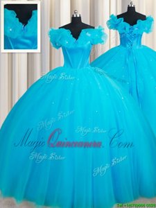 Noble Off the Shoulder Baby Blue Tulle Lace Up 15th Birthday Dress Sleeveless Court Train Hand Made Flower