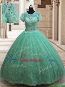 Luxurious Scoop Short Sleeves Zipper Floor Length Lace Sweet 16 Dress