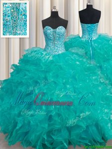 Turquoise Sleeveless Beading and Ruffles Floor Length Quinceanera Gown