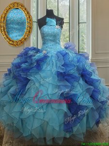 Blue Strapless Neckline Beading and Ruffles Quinceanera Dress Sleeveless Lace Up