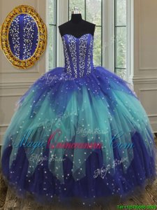Gorgeous Royal Blue and Aqua Blue Ball Gowns Sweetheart Sleeveless Tulle Floor Length Lace Up Beading and Ruffles Sweet 16 Dress