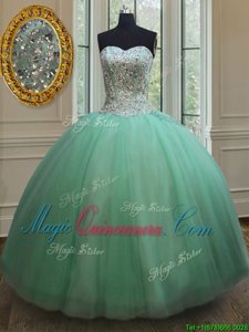 Apple Green Ball Gowns Tulle Sweetheart Sleeveless Beading Floor Length Lace Up Quinceanera Dresses