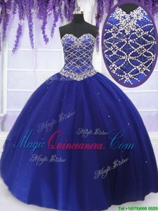 Royal Blue Tulle Lace Up Quinceanera Gown Sleeveless Floor Length Beading