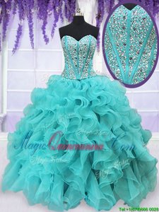 Shining Floor Length Aqua Blue Ball Gown Prom Dress Sweetheart Sleeveless Lace Up