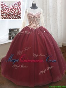 Scoop Wine Red Long Sleeves Court Train Beading and Sequins Ball Gown Prom Dress