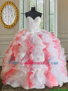 Lovely Pink And White Lace Up Sweetheart Beading and Ruffles Quinceanera Gown Organza Sleeveless