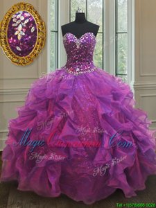 Best Purple Sweetheart Neckline Beading and Ruffles and Sequins 15 Quinceanera Dress Sleeveless Lace Up