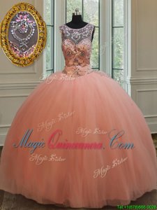 Peach Scoop Lace Up Beading and Sequins Quinceanera Dresses Sleeveless