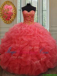 Coral Red Sleeveless Beading and Ruffles Floor Length Sweet 16 Quinceanera Dress