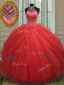 High End Halter Top Red Sleeveless Floor Length Beading and Pick Ups Lace Up Quinceanera Gown