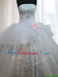 Extravagant Strapless Sleeveless Sweet 16 Dresses Floor Length Appliques and Hand Made Flower Light Blue Organza