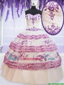 Floor Length White Quinceanera Gowns Organza Sleeveless Appliques and Embroidery and Ruffled Layers