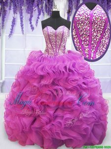 Cute Purple Organza Lace Up Sweetheart Sleeveless 15 Quinceanera Dress Brush Train Beading and Ruffles