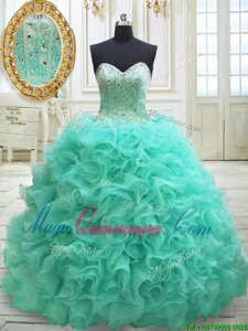 Chic Apple Green Ball Gowns Organza Sweetheart Sleeveless Beading and Ruffles Lace Up Ball Gown Prom Dress Brush Train