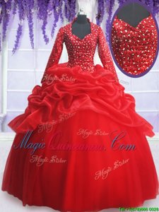 Enchanting Red Sweetheart Zipper Beading and Sequins and Pick Ups 15th Birthday Dress Long Sleeves