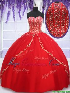 Red Quinceanera Gown Military Ball and Sweet 16 and Quinceanera and For with Beading and Appliques Sweetheart Sleeveless Lace Up