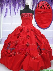 High End Red Ball Gowns Taffeta Strapless Sleeveless Appliques and Pick Ups Floor Length Lace Up Quince Ball Gowns