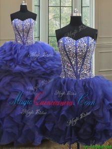 Three Piece Sweetheart Sleeveless Lace Up 15th Birthday Dress Royal Blue Organza