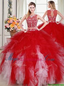 Discount White and Red Zipper Scoop Beading and Ruffles Quinceanera Gown Tulle Sleeveless