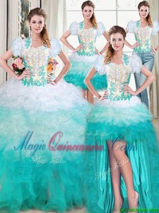 Cheap Four Piece Multi-color Ball Gowns Sweetheart Sleeveless Organza Floor Length Lace Up Beading and Appliques and Ruffles Quince Ball Gowns