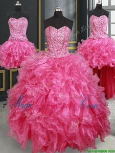 Luxury Four Piece Hot Pink Ball Gowns Beading and Ruffles Vestidos de Quinceanera Lace Up Organza Sleeveless Floor Length