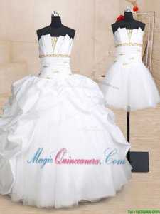 Luxury Three Piece Pick Ups Strapless Sleeveless Lace Up Sweet 16 Dress White Taffeta and Tulle