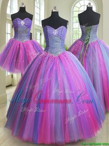 Three Piece Multi-color Ball Gowns Sweetheart Sleeveless Tulle Floor Length Lace Up Beading 15 Quinceanera Dress