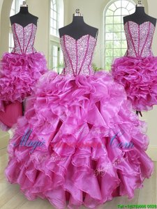 Four Piece Floor Length Ball Gowns Sleeveless Fuchsia Sweet 16 Dresses Lace Up