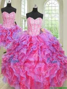Three Piece Sweetheart Sleeveless Quinceanera Gowns Floor Length Beading and Ruffles Multi-color Organza