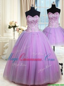 Three Piece Lavender Quinceanera Gown Military Ball and Sweet 16 and Quinceanera and For with Beading Sweetheart Sleeveless Lace Up