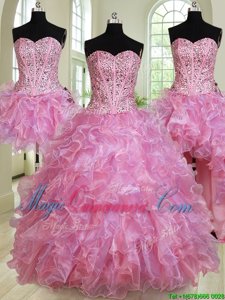 Sumptuous Four Piece Floor Length Multi-color Ball Gown Prom Dress Organza Sleeveless Beading and Ruffles