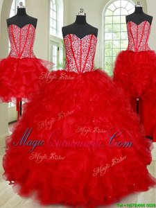 Perfect Four Piece Red Sleeveless Floor Length Beading and Ruffles Lace Up Sweet 16 Quinceanera Dress