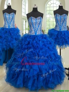Popular Four Piece Royal Blue Sleeveless Floor Length Beading and Ruffles Lace Up Vestidos de Quinceanera