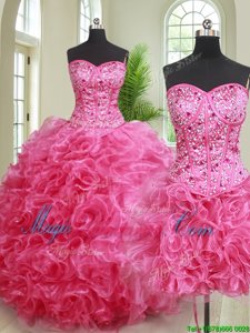 Edgy Three Piece Hot Pink Quince Ball Gowns Military Ball and Sweet 16 and Quinceanera and For with Beading and Ruffles Sweetheart Sleeveless Lace Up