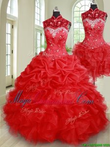 Glamorous Three Piece Red Lace Up High-neck Beading and Ruffles and Pick Ups 15th Birthday Dress Organza Sleeveless