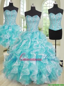 Beautiful Three Piece Blue And White Sweetheart Neckline Beading and Ruffles Vestidos de Quinceanera Sleeveless Lace Up