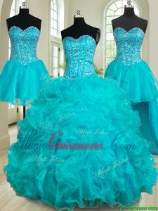 Four Piece Teal Ball Gowns Sweetheart Sleeveless Organza Floor Length Lace Up Beading and Ruffles Ball Gown Prom Dress