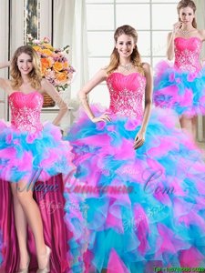 Artistic Four Piece Sleeveless Floor Length Beading and Ruffles Zipper Quinceanera Dresses with Multi-color